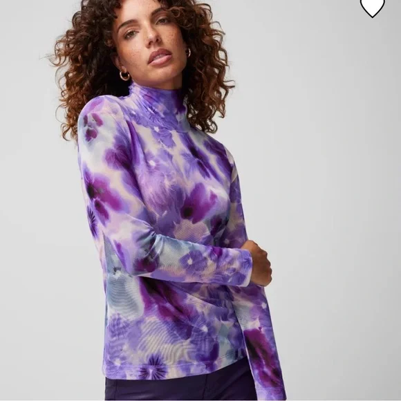 NWT White House Black Market Purple Floral Mesh Turtleneck.  Size XS. - Picture 2 of 4